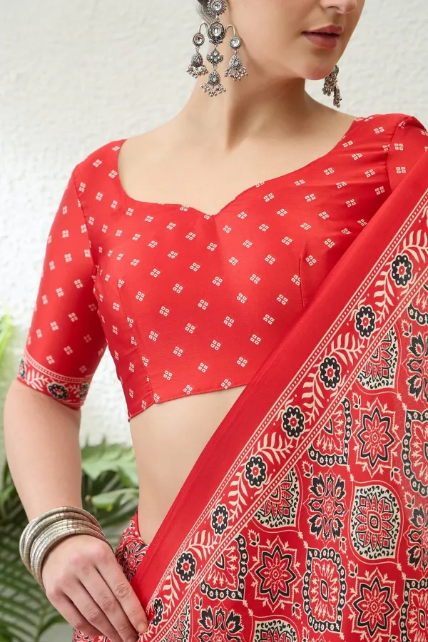 Sempiternal_Red_Ajrakh_Printed_Semi_Modal_Silk_Saree_With_Innovative_Blouse_Piece_