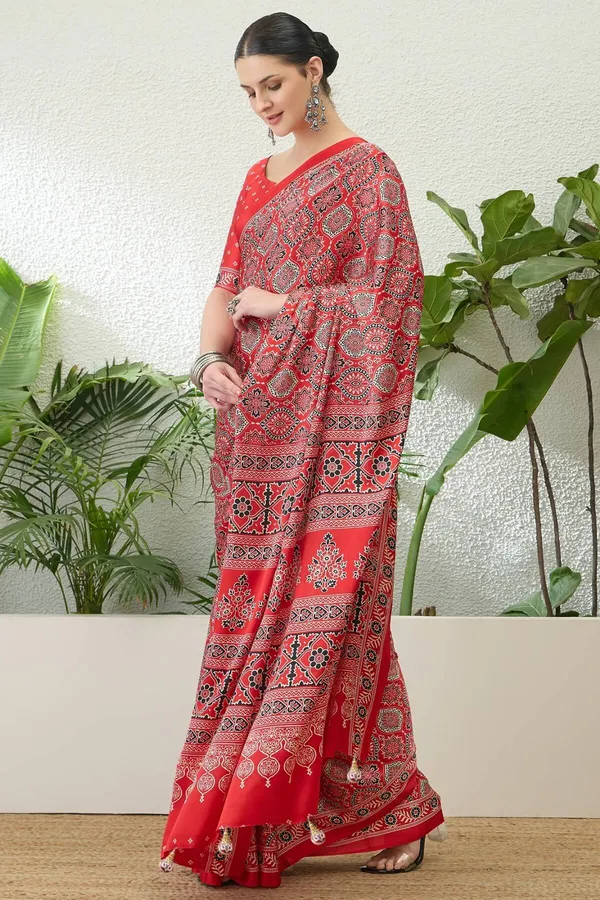 Sempiternal_Red_Ajrakh_Printed_Semi_Modal_Silk_Saree_With_Innovative_Blouse_Piece_