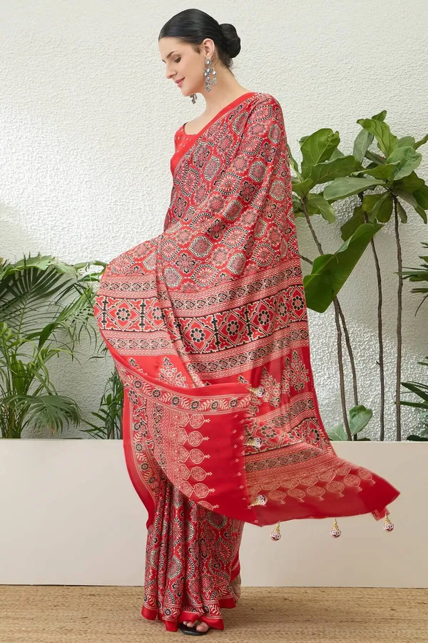 Sempiternal_Red_Ajrakh_Printed_Semi_Modal_Silk_Saree_With_Innovative_Blouse_Piece_
