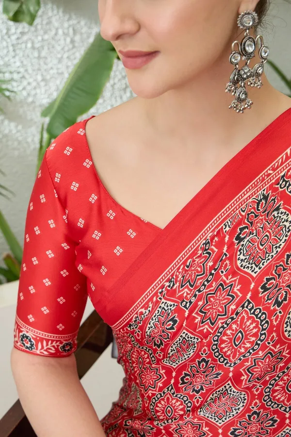 Sempiternal_Red_Ajrakh_Printed_Semi_Modal_Silk_Saree_With_Innovative_Blouse_Piece_