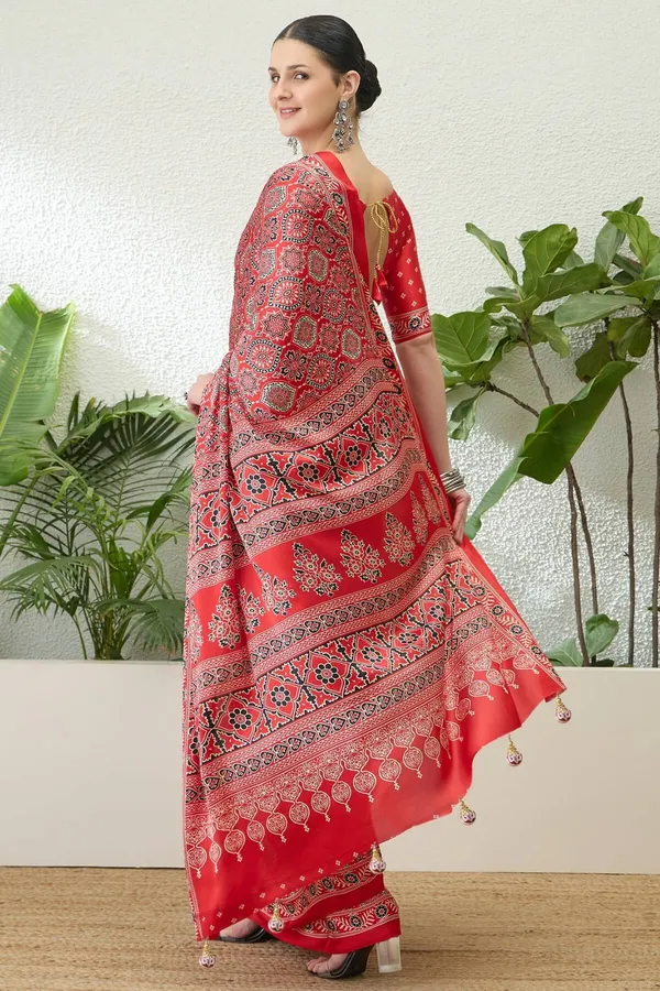 Sempiternal_Red_Ajrakh_Printed_Semi_Modal_Silk_Saree_With_Innovative_Blouse_Piece_
