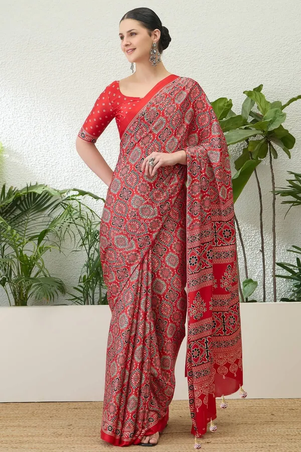 Sempiternal_Red_Ajrakh_Printed_Semi_Modal_Silk_Saree_With_Innovative_Blouse_Piece_