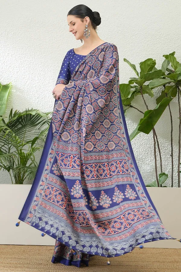 Sumptuous_Navy_Blue_Ajrakh_Printed_Semi_Modal_Silk_Saree_With_Stunning_Blouse_Piece_