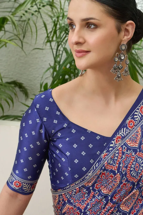 Sumptuous_Navy_Blue_Ajrakh_Printed_Semi_Modal_Silk_Saree_With_Stunning_Blouse_Piece_