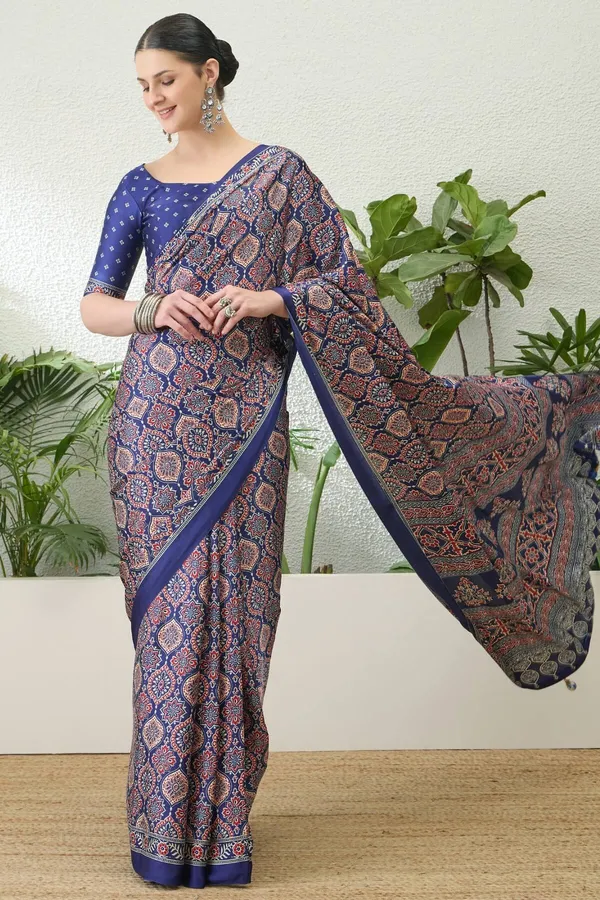 Sumptuous_Navy_Blue_Ajrakh_Printed_Semi_Modal_Silk_Saree_With_Stunning_Blouse_Piece_