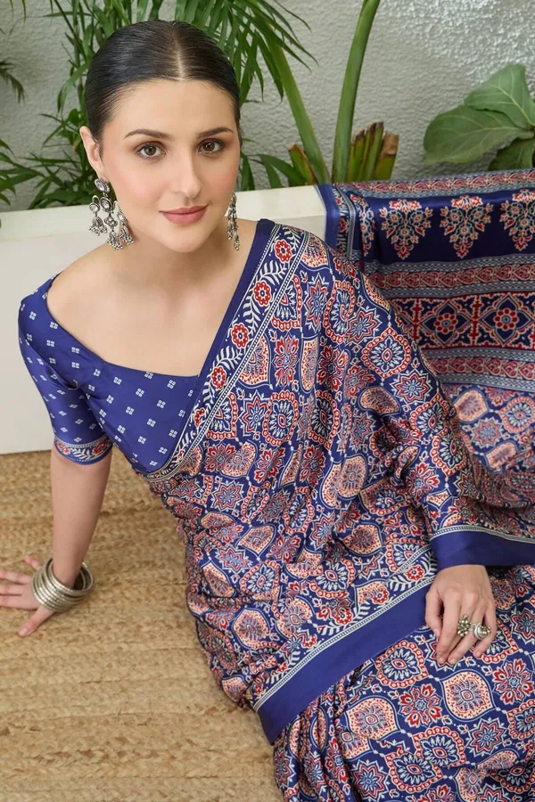 Sumptuous_Navy_Blue_Ajrakh_Printed_Semi_Modal_Silk_Saree_With_Stunning_Blouse_Piece_