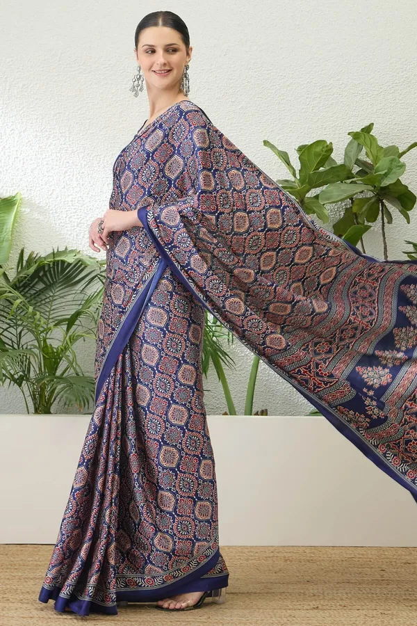 Sumptuous_Navy_Blue_Ajrakh_Printed_Semi_Modal_Silk_Saree_With_Stunning_Blouse_Piece_