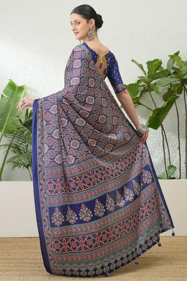 Sumptuous_Navy_Blue_Ajrakh_Printed_Semi_Modal_Silk_Saree_With_Stunning_Blouse_Piece_
