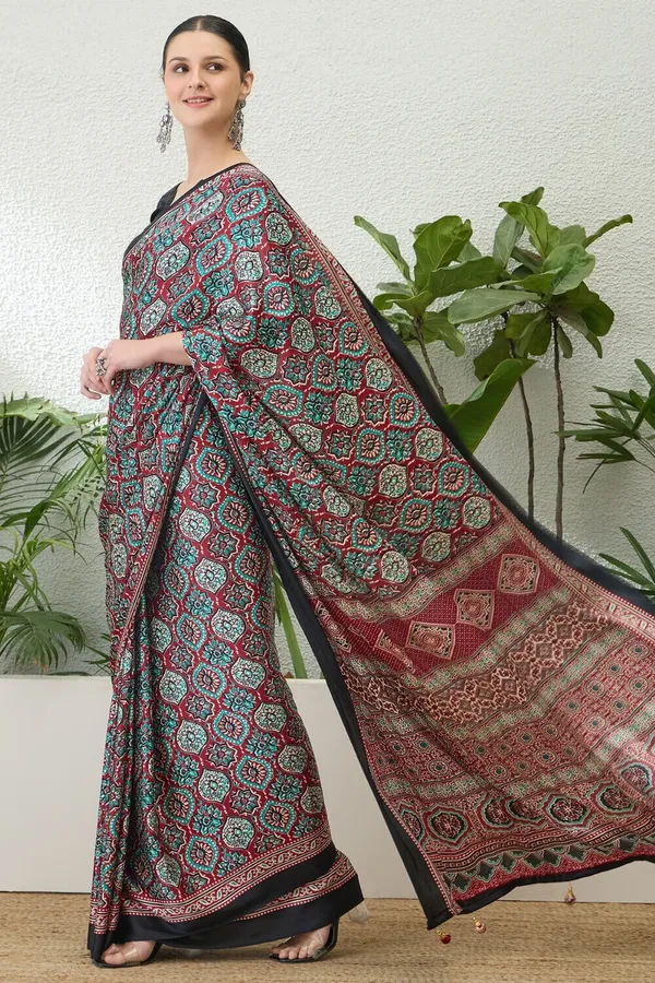 Luxurious_Maroon_Ajrakh_Printed_Soft_Modal_Silk_Natural_Print_Saree