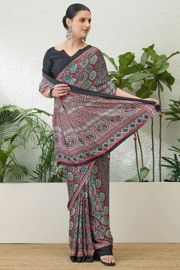 Luxurious_Maroon_Ajrakh_Printed_Soft_Modal_Silk_Natural_Print_Saree