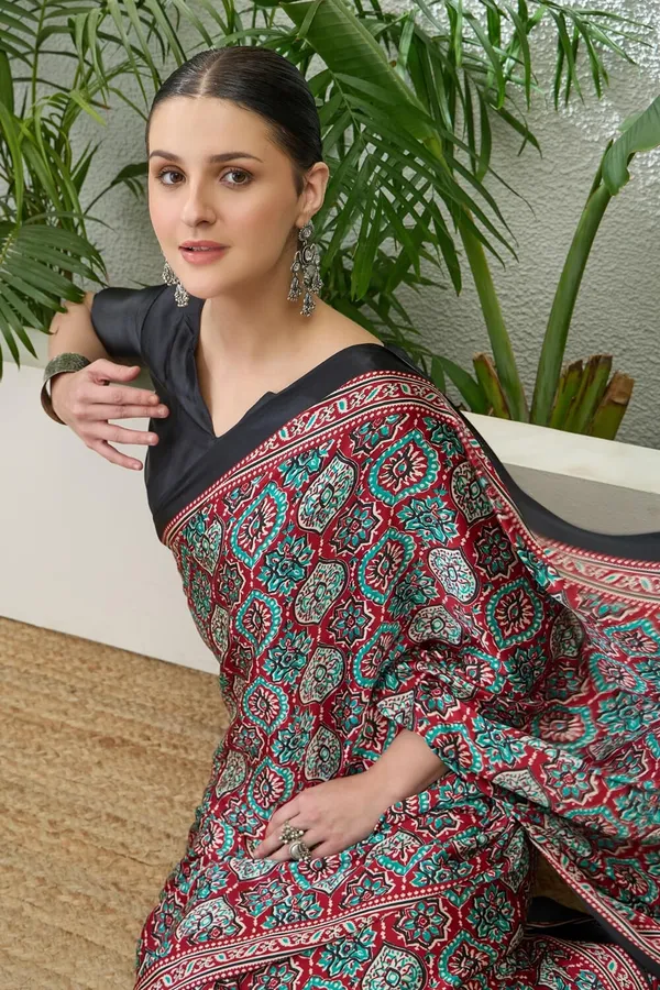 Luxurious_Maroon_Ajrakh_Printed_Soft_Modal_Silk_Natural_Print_Saree