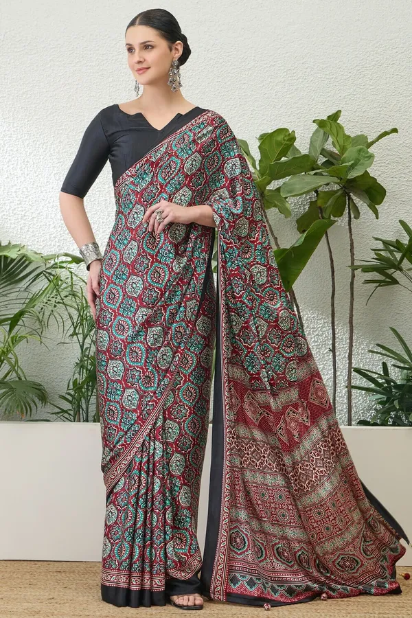 Luxurious_Maroon_Ajrakh_Printed_Soft_Modal_Silk_Natural_Print_Saree