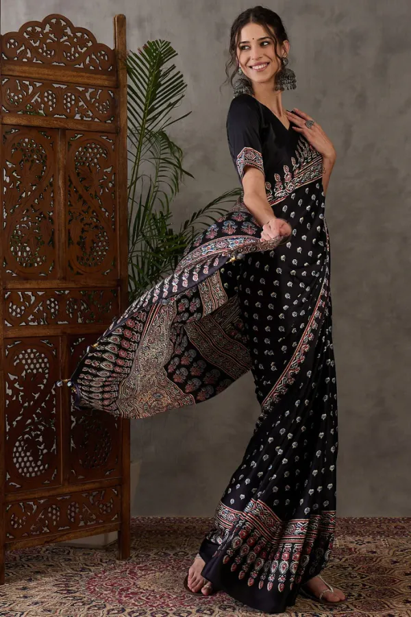 Tuna_Black_Ajrakh_Printed_Satin_Gaji_Silk_Saree