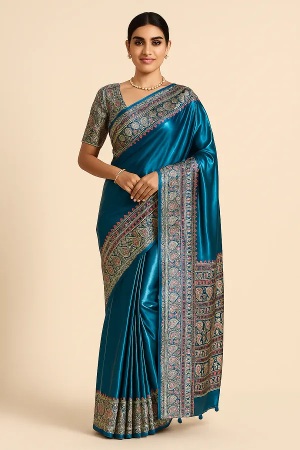 Turquoise_Morpiche_Mango_Floral_Ajrakh_Gajji_Silk_Saree
