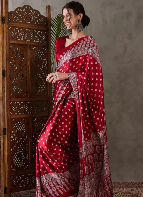 Premium_red_Printed_Ajarakh_Satin_Saree
