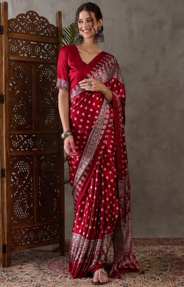Premium_red_Printed_Ajarakh_Satin_Saree