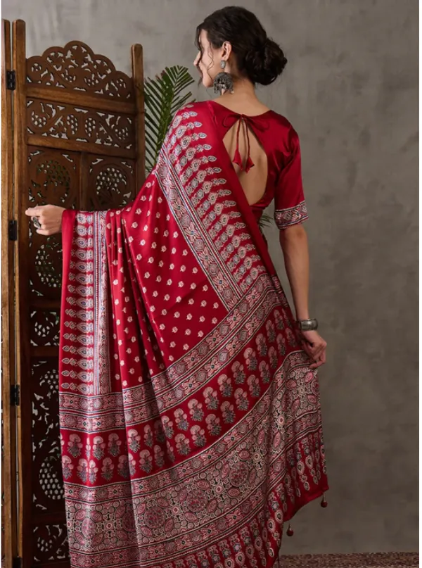 Premium_red_Printed_Ajarakh_Satin_Saree