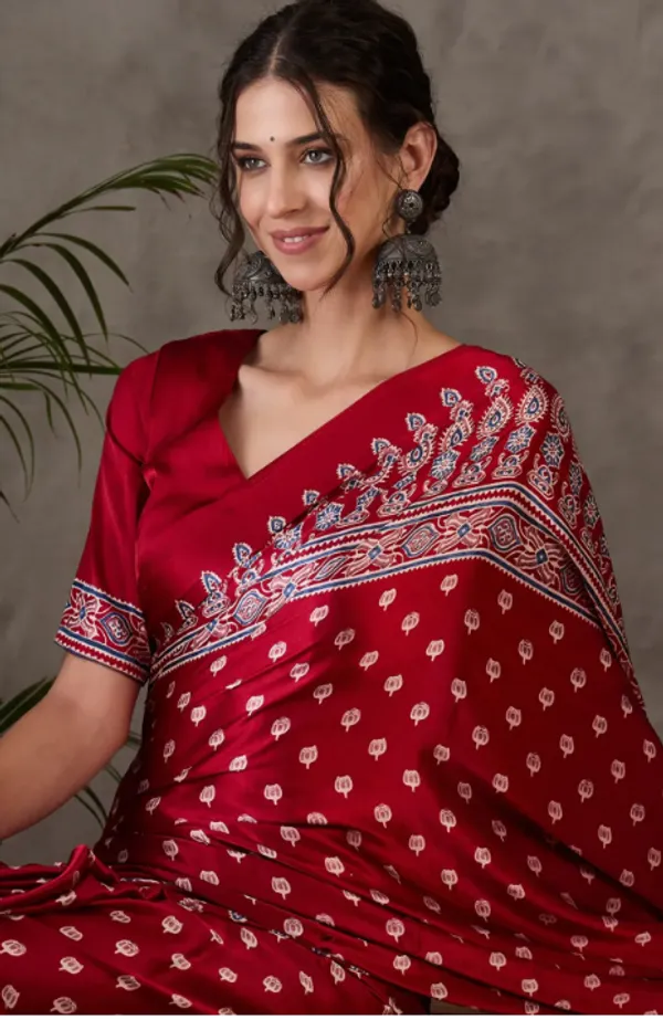 Premium_red_Printed_Ajarakh_Satin_Saree
