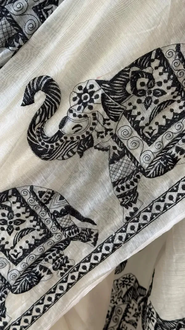 White_Elephant_Design_Cotton_Linen_Printed_Saree