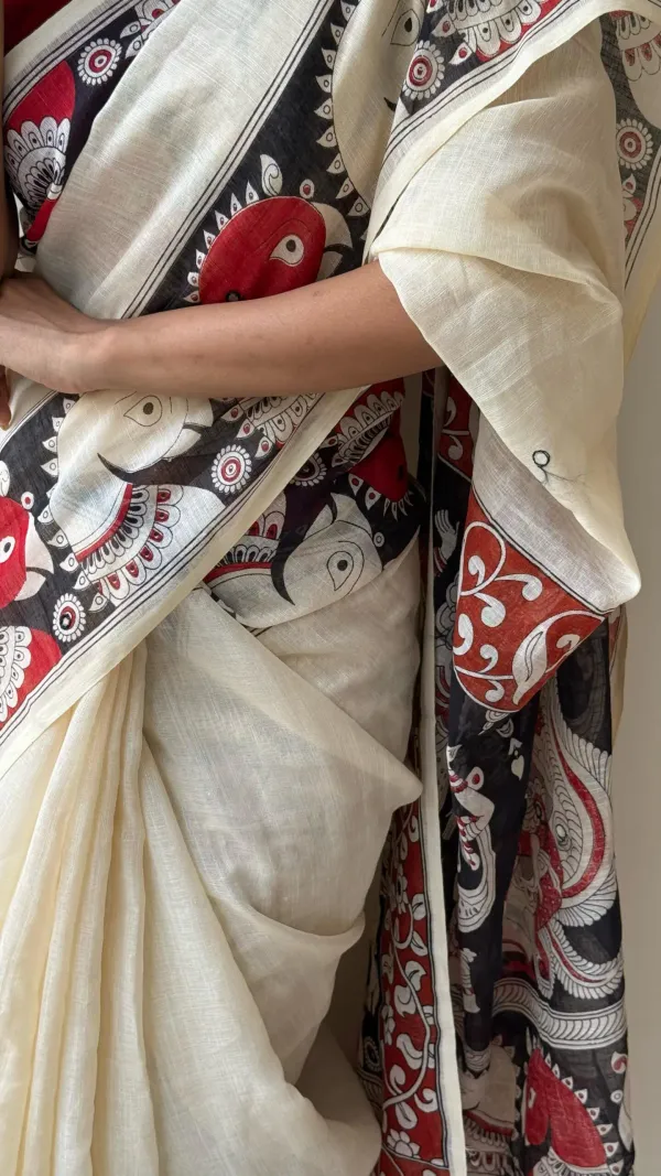 White_Kalamkari__Design_Cotton_Linen_Printed_Saree