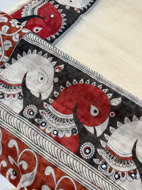 White_Kalamkari__Design_Cotton_Linen_Printed_Saree