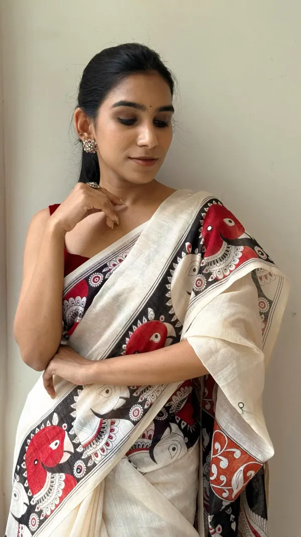 White_Kalamkari__Design_Cotton_Linen_Printed_Saree