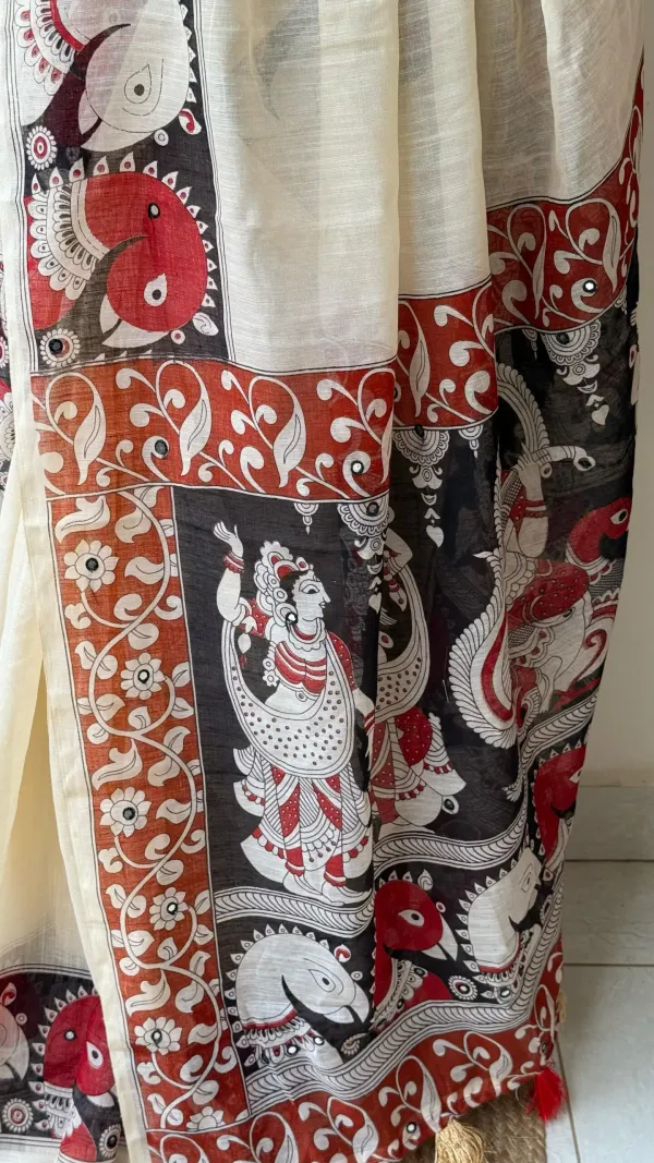 White_Kalamkari__Design_Cotton_Linen_Printed_Saree