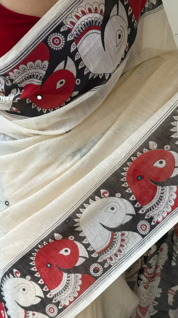 White_Kalamkari__Design_Cotton_Linen_Printed_Saree