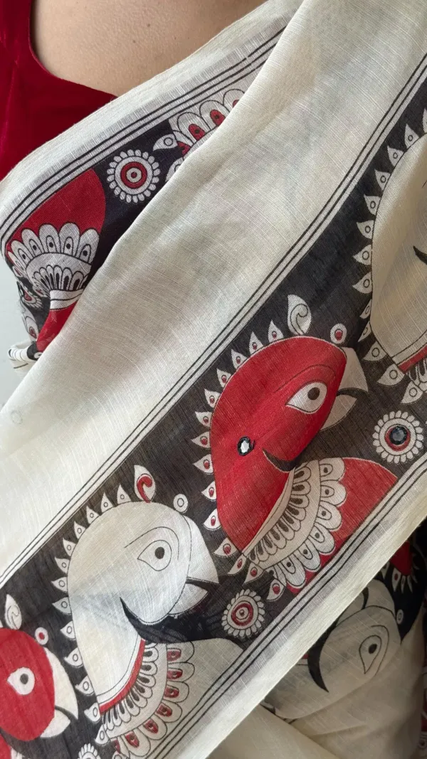 White_Kalamkari__Design_Cotton_Linen_Printed_Saree