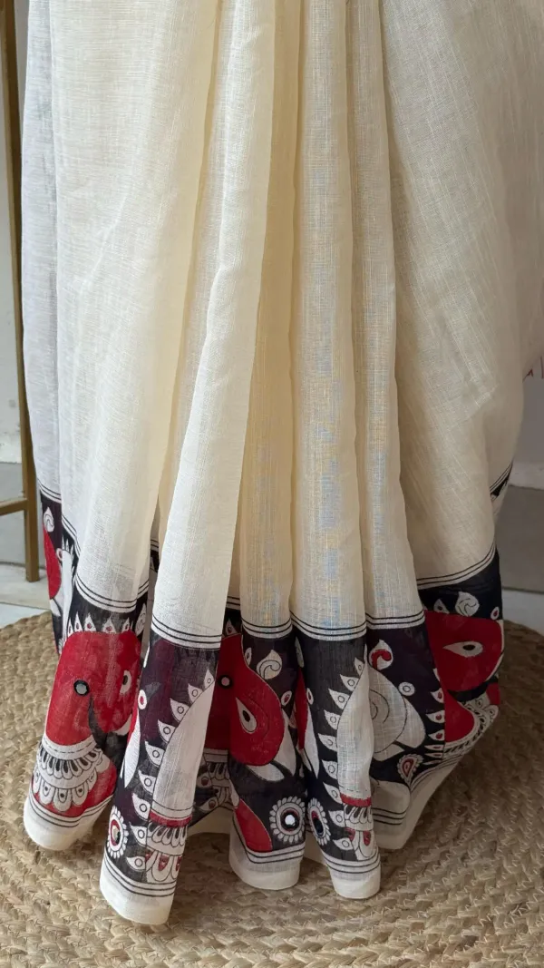 White_Kalamkari__Design_Cotton_Linen_Printed_Saree