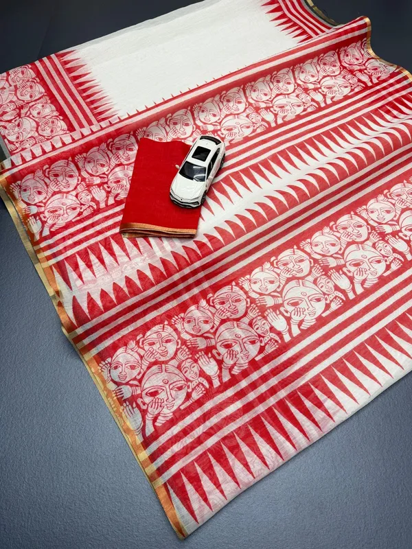 White_&_Red_Cotten_Printed_Linen_Saree_