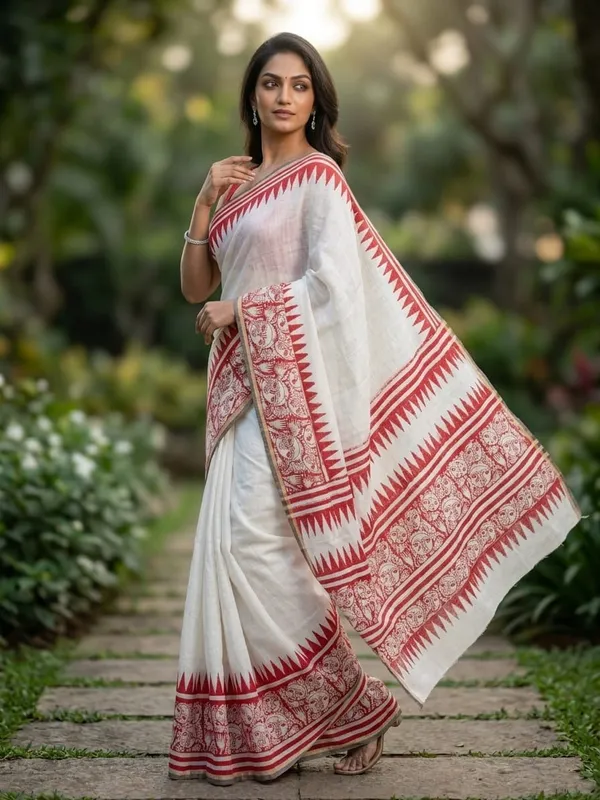 White_&_Red_Cotten_Printed_Linen_Saree_
