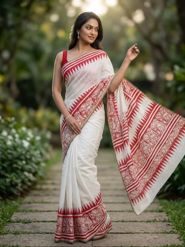 White_&_Red_Cotten_Printed_Linen_Saree_