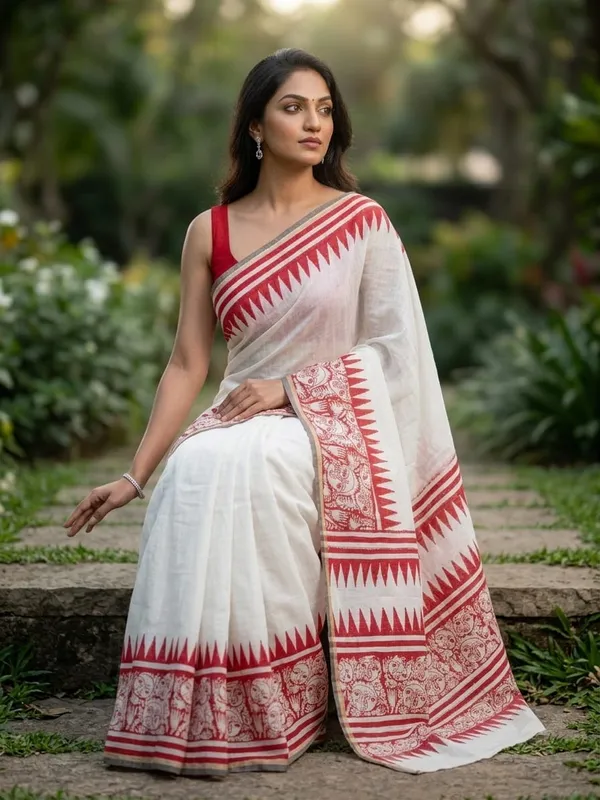 White_&_Red_Cotten_Printed_Linen_Saree_