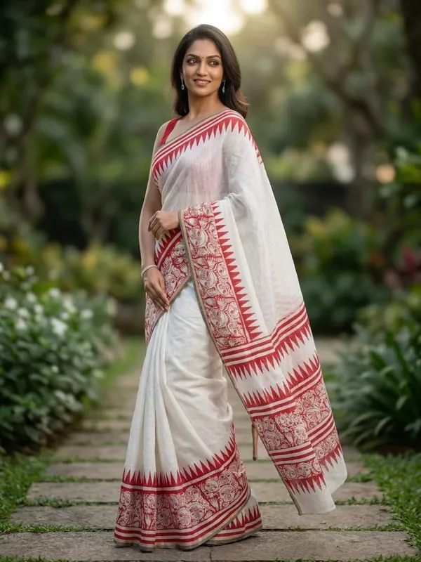 White_&_Red_Cotten_Printed_Linen_Saree_