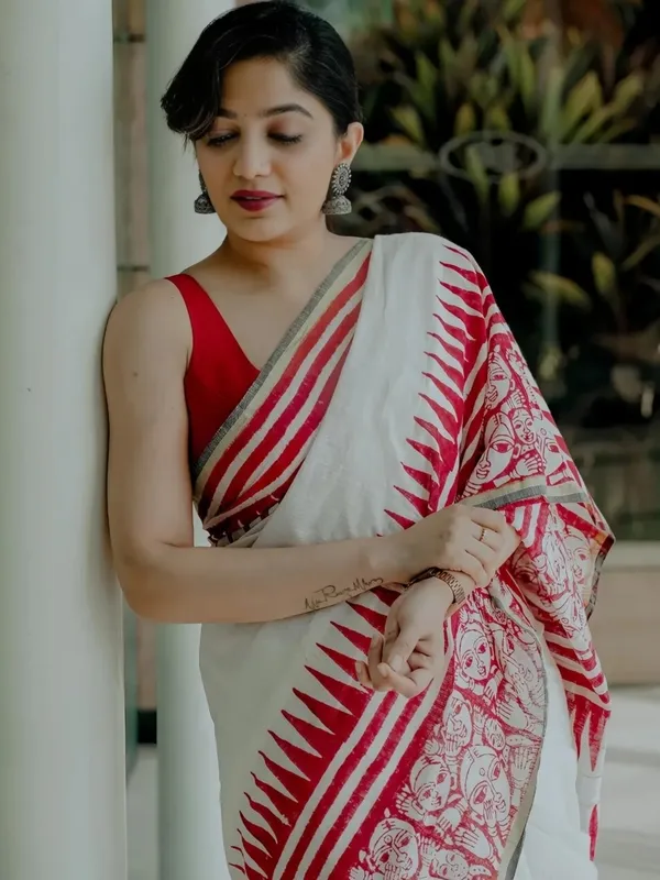 White_&_Red_Cotten_Printed_Linen_Saree_