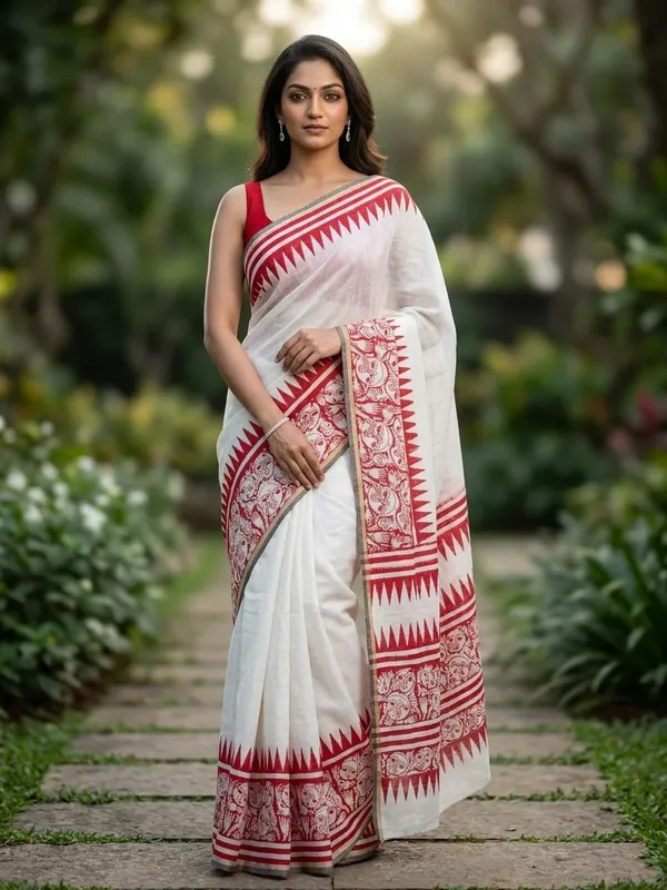 White_&_Red_Cotten_Printed_Linen_Saree_