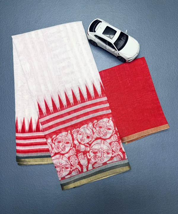 White_&_Red_Cotten_Printed_Linen_Saree_