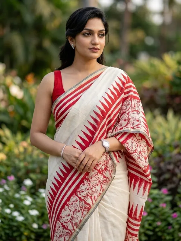 White_&_Red_Cotten_Printed_Linen_Saree_