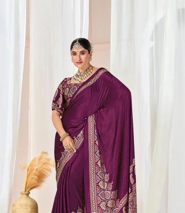 Wine_Ajrakh_Printed_Modal_Silk_Plain_Saree_With_Ajrakh_Blouse