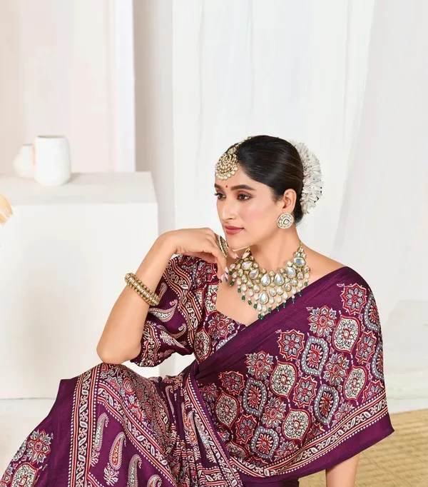 Wine_Ajrakh_Printed_Modal_Silk_Plain_Saree_With_Ajrakh_Blouse