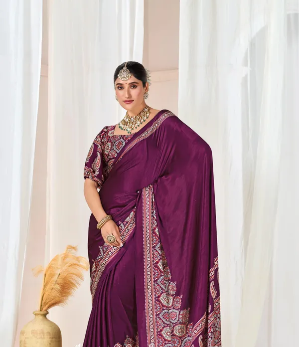 Wine_Ajrakh_Printed_Modal_Silk_Plain_Saree_With_Ajrakh_Blouse