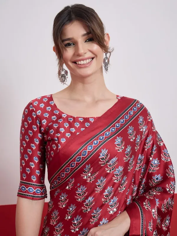 Wine_Maroon_Modal_Ajrakh_Satin_Printed_Mirror_Work_Saree