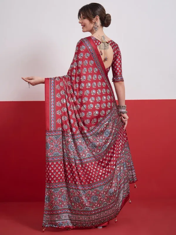 Wine_Maroon_Modal_Ajrakh_Satin_Printed_Mirror_Work_Saree
