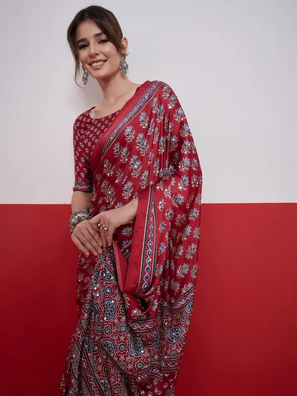 Wine_Maroon_Modal_Ajrakh_Satin_Printed_Mirror_Work_Saree