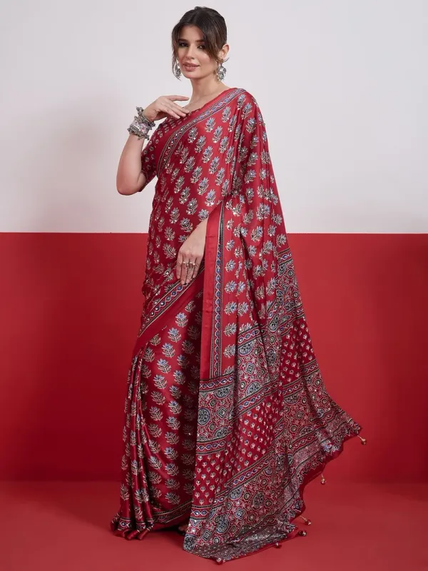 Wine_Maroon_Modal_Ajrakh_Satin_Printed_Mirror_Work_Saree