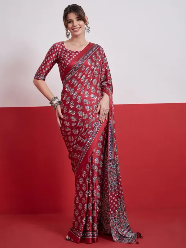 Wine_Maroon_Modal_Ajrakh_Satin_Printed_Mirror_Work_Saree