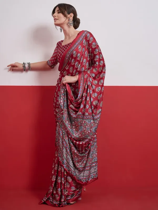 Wine_Maroon_Modal_Ajrakh_Satin_Printed_Mirror_Work_Saree