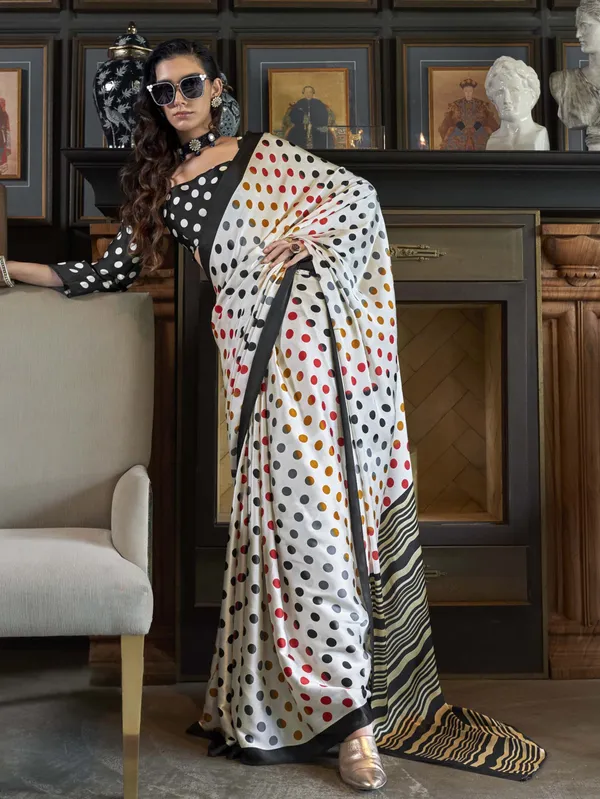 Elegant_Patola-Print_Satin_Crepe_Saree_-_Black_with_Multicolor_Dots