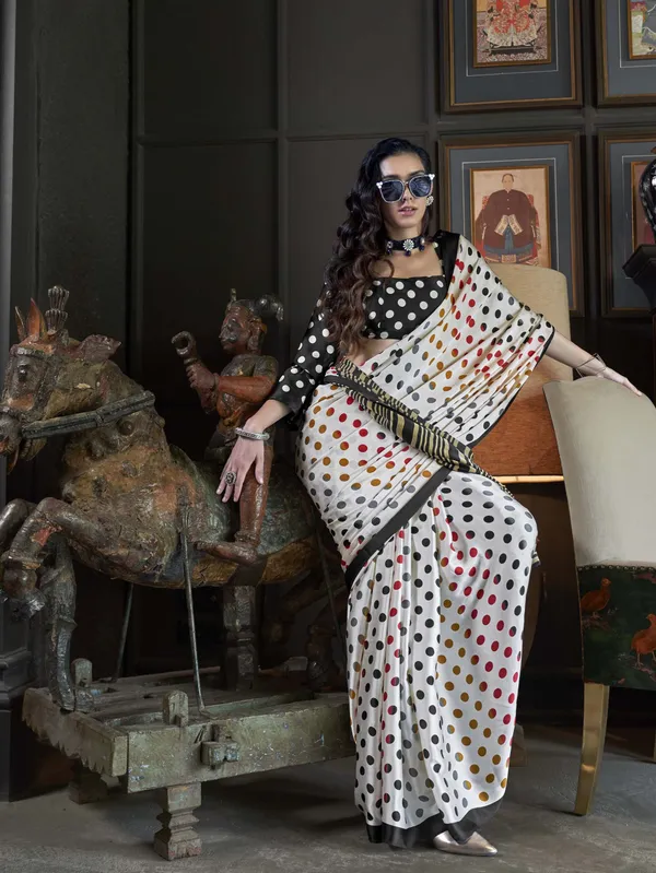 Elegant_Patola-Print_Satin_Crepe_Saree_-_Black_with_Multicolor_Dots